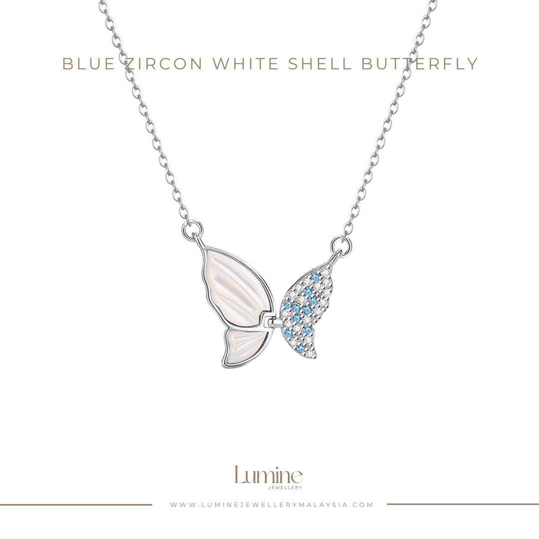 Blue Zircon White Shell Butterfly Necklace