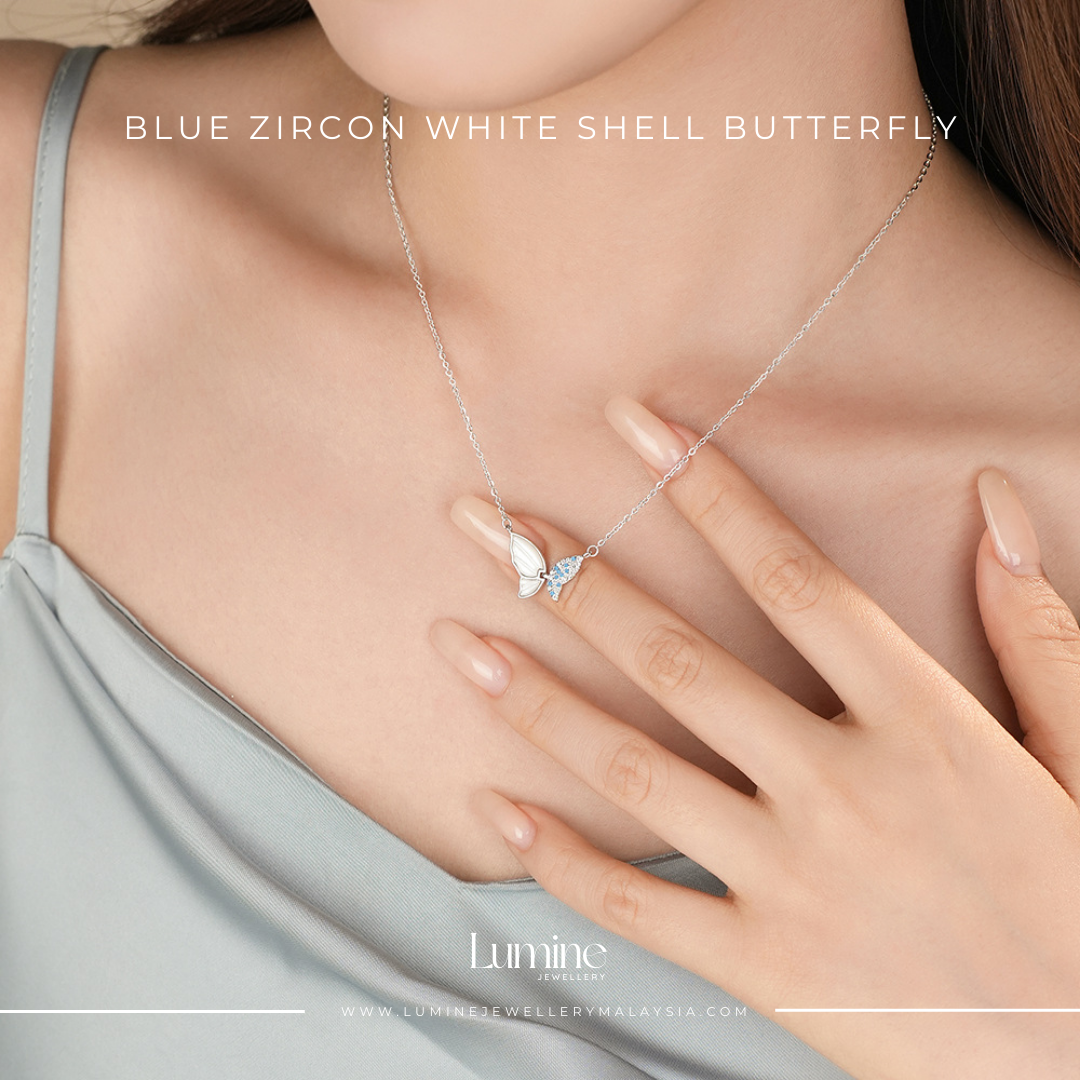 Blue Zircon White Shell Butterfly Necklace