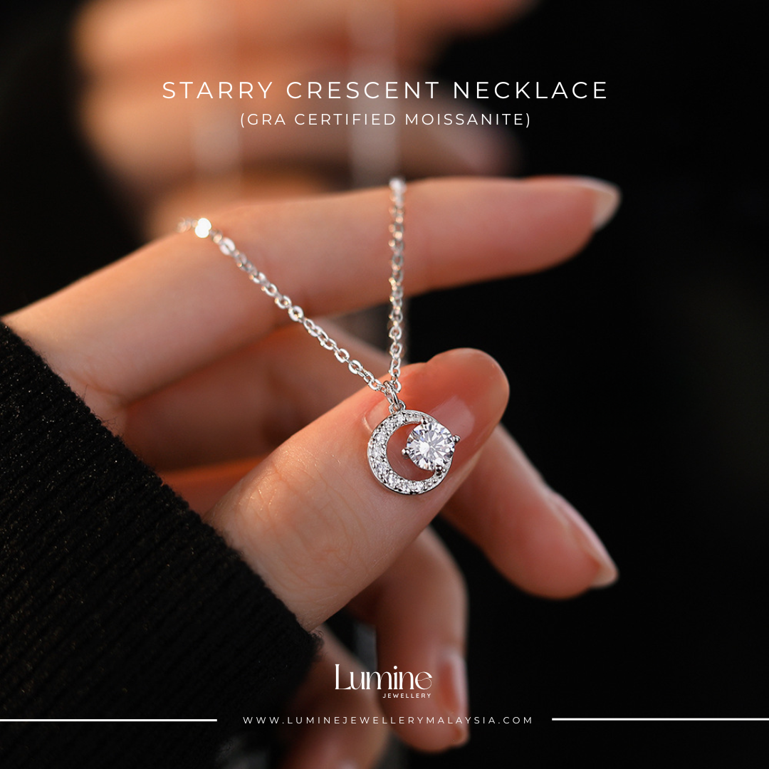 Starry Crescent Necklace (GRA Certified Moissanite | 999 Silver)