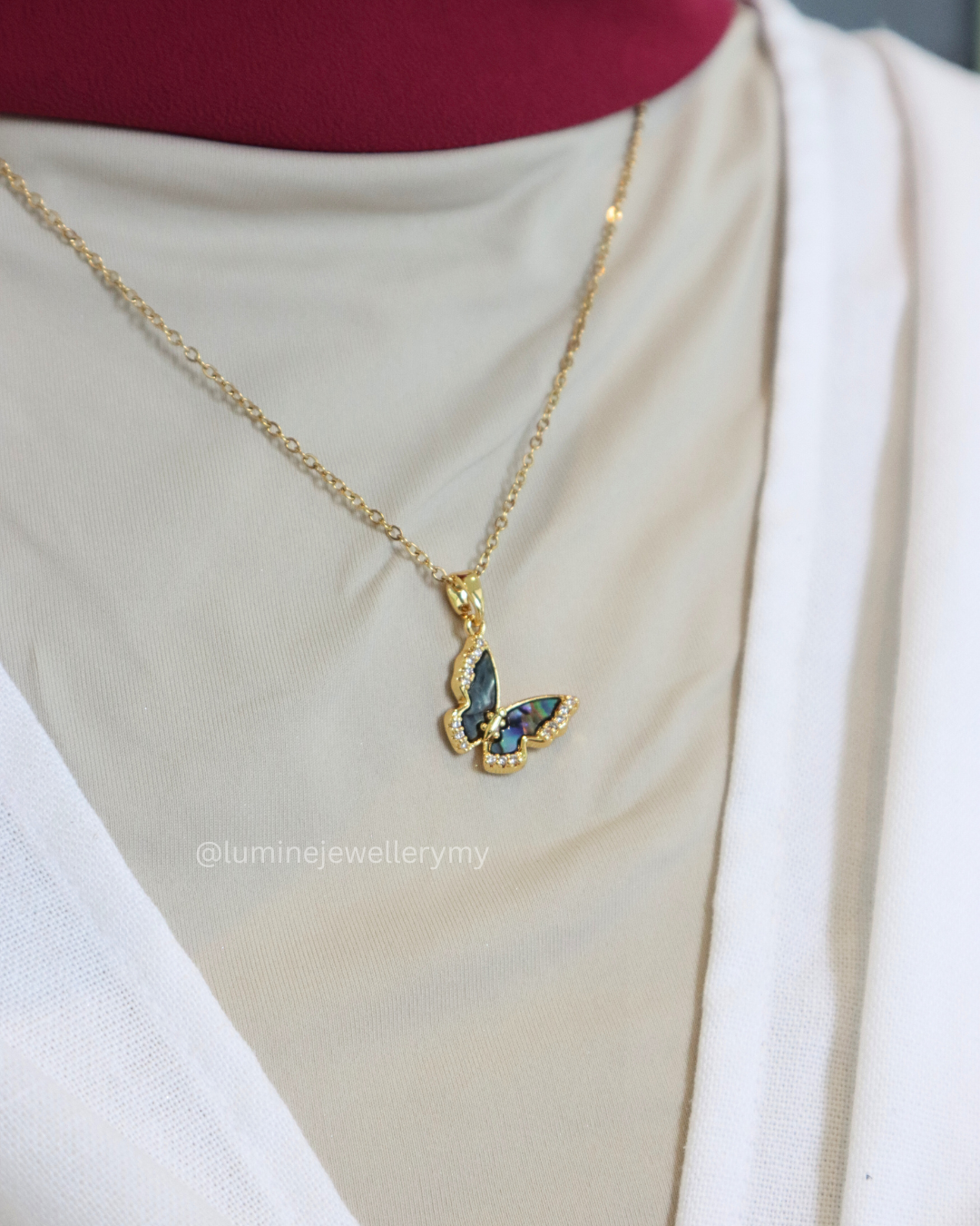 Gold Shell Tiny Diamond Butterfly Necklace