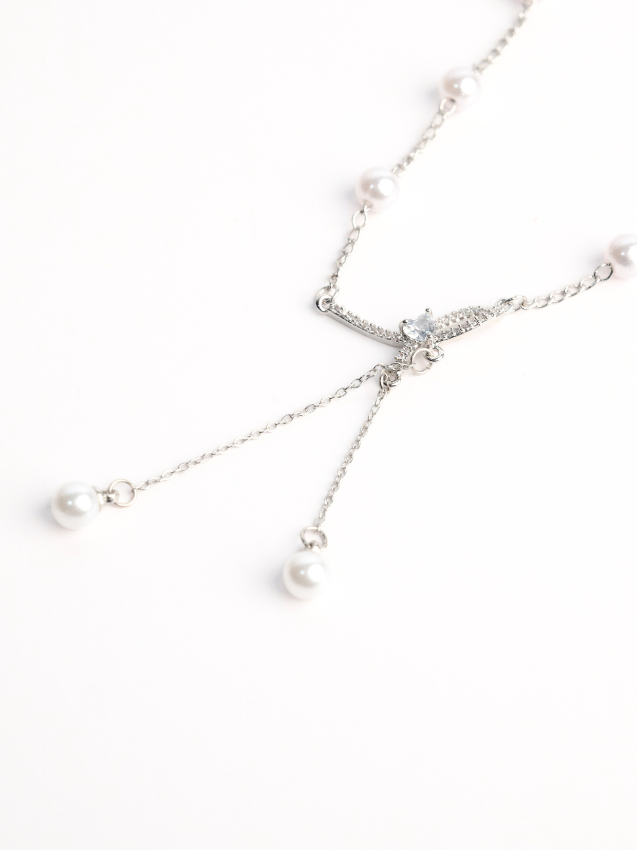Diamond Bowknot Pearl Tassel Necklace