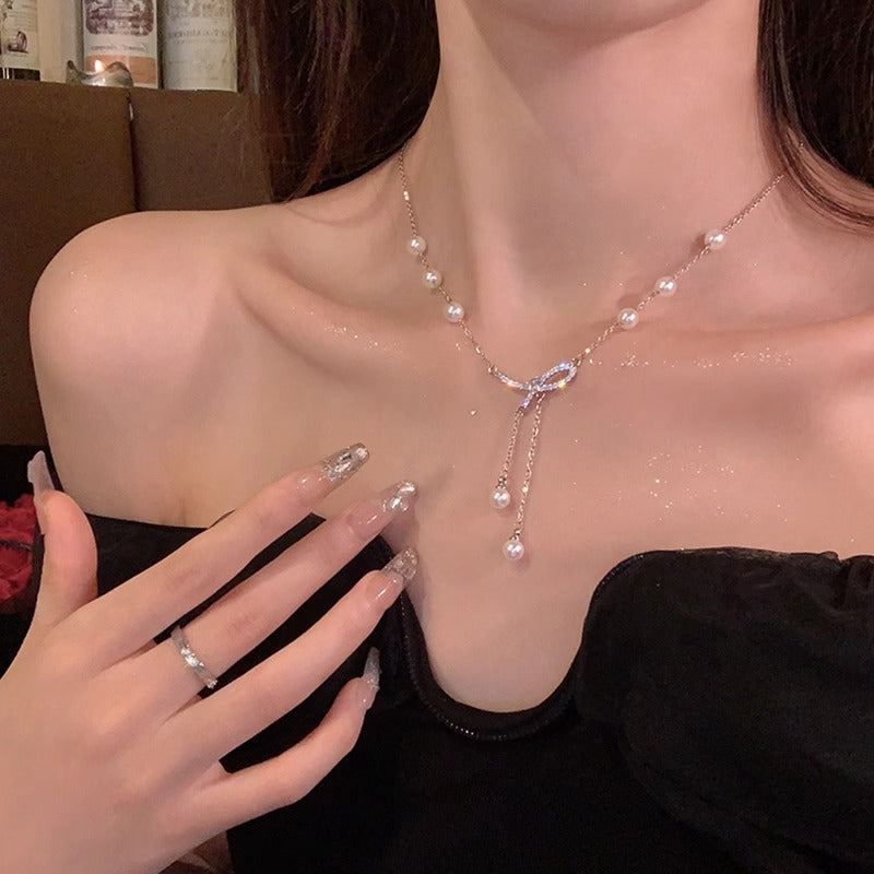 Diamond Bowknot Pearl Tassel Necklace
