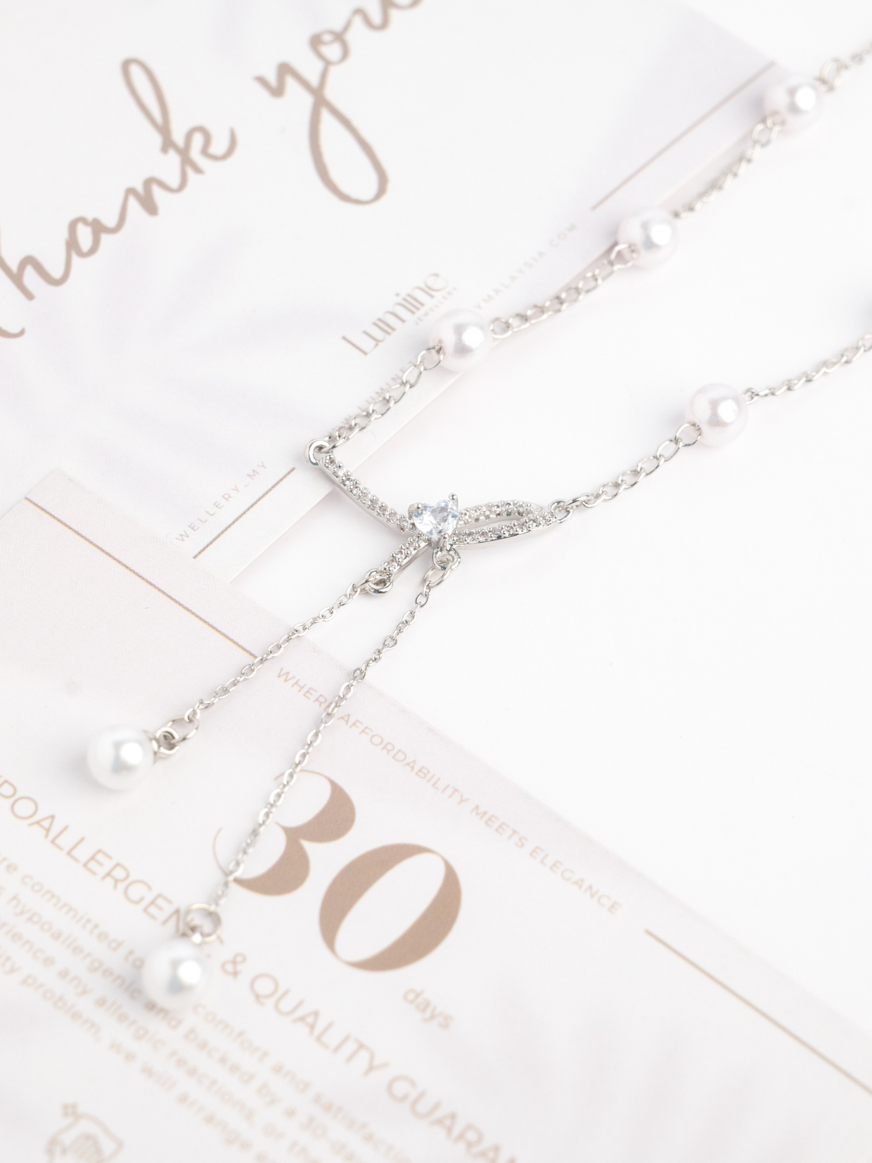 Diamond Bowknot Pearl Tassel Necklace