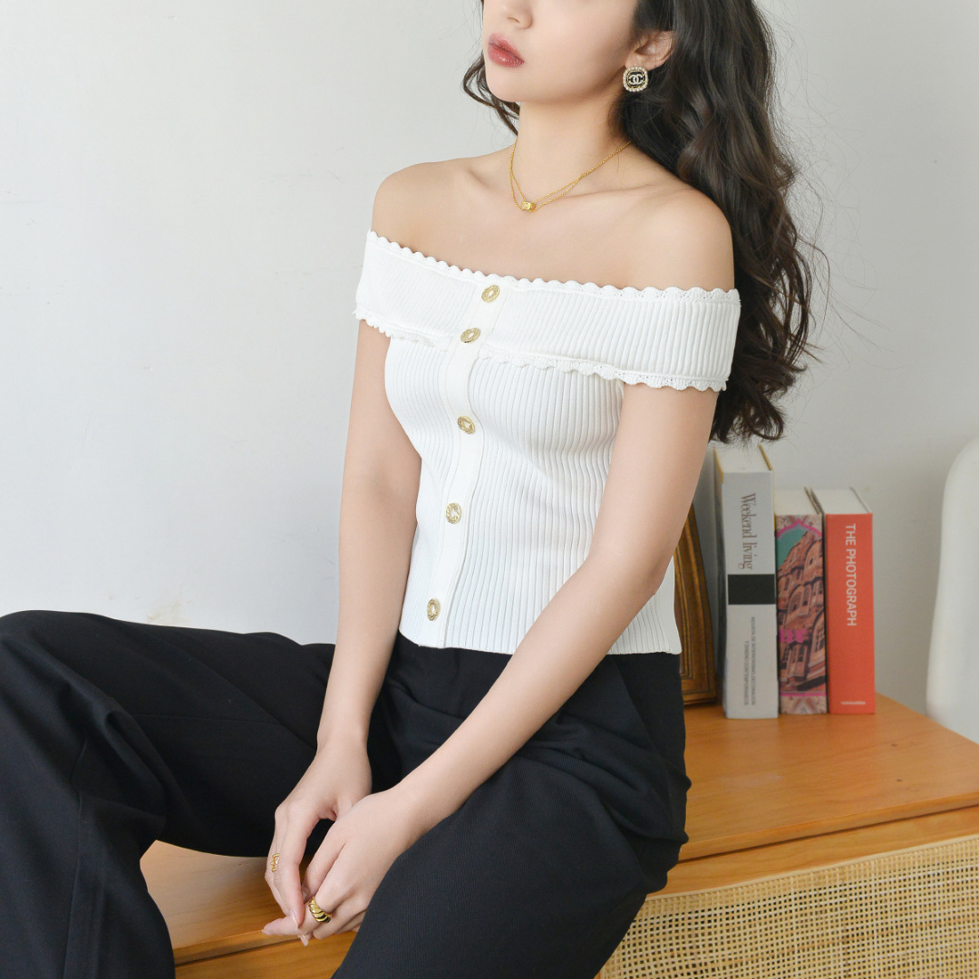 French Lace Off-Shoulder Knit Top