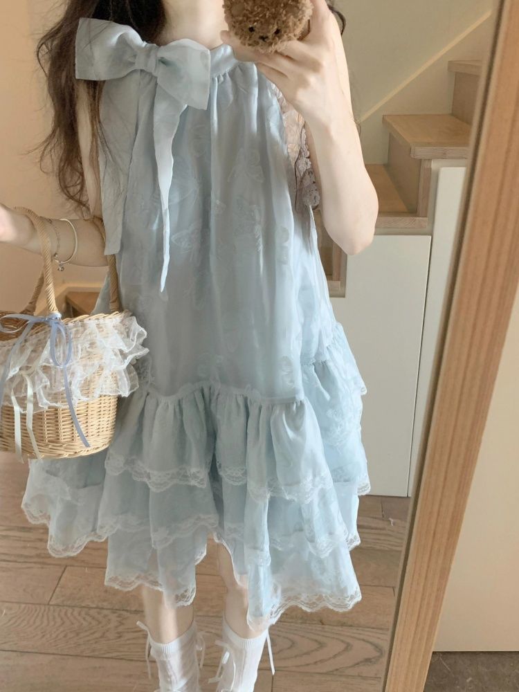 Sky Blue Bow Lace Puffy Dress