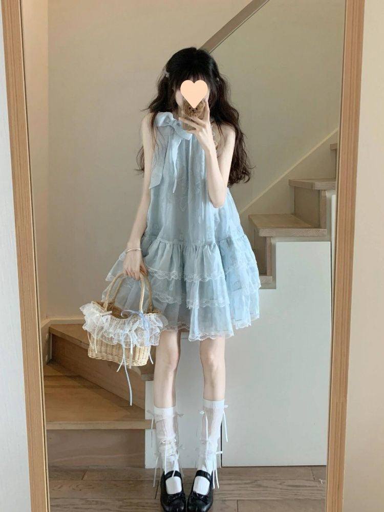 Sky Blue Bow Lace Puffy Dress