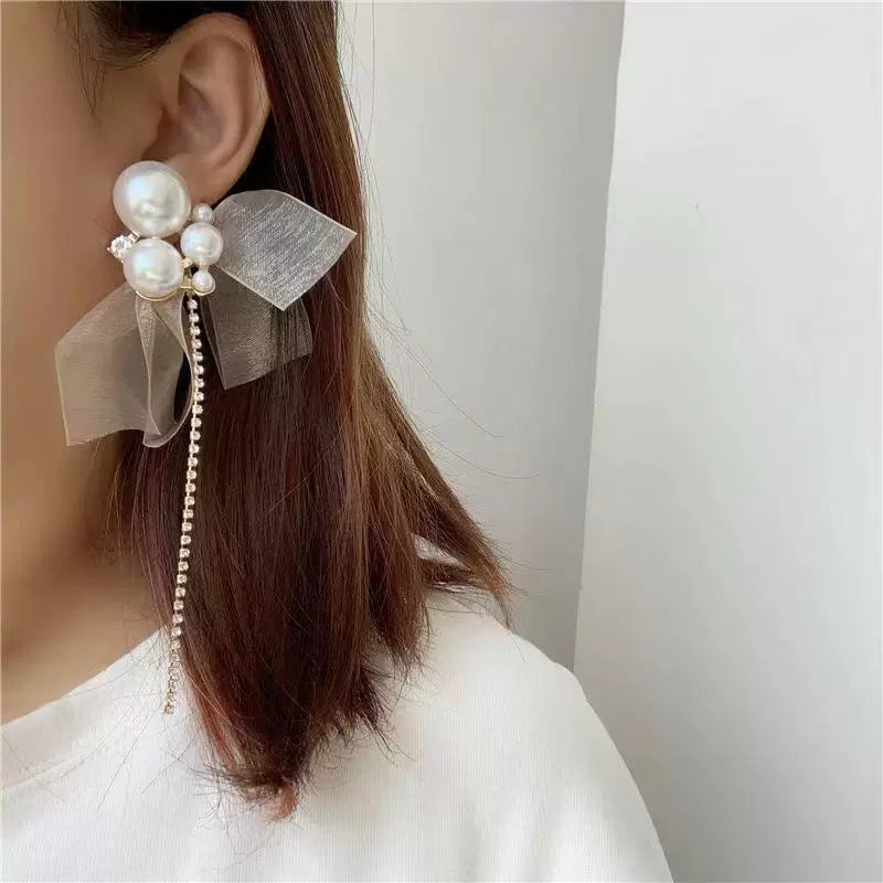 Large Pearl Bowknot Tassel Earrings