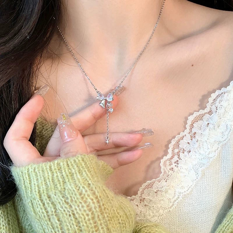 Zirconia Tassel Bow Necklace