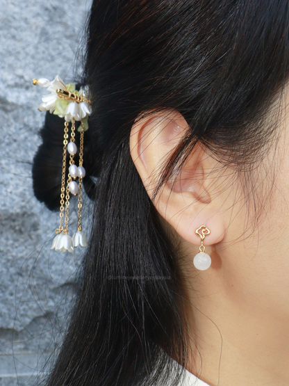 White Chalcedony Fortune Cloud Bead Earrings 白玉随珠祥云耳环