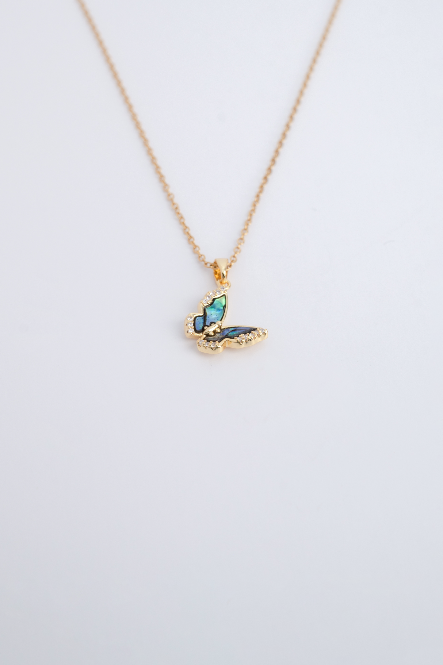 Gold Shell Tiny Diamond Butterfly Necklace