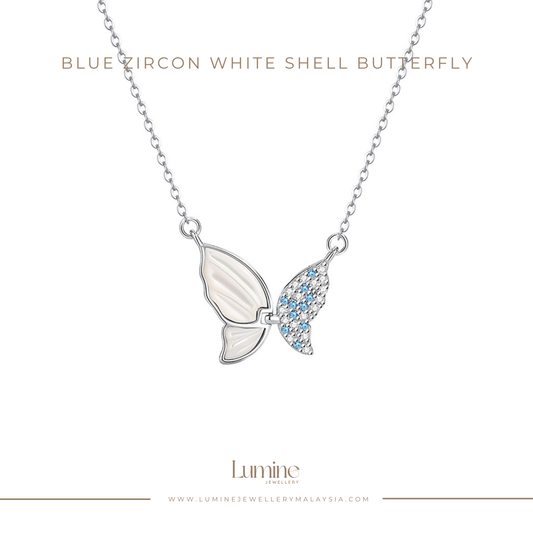 Blue Zircon White Shell Butterfly Necklace