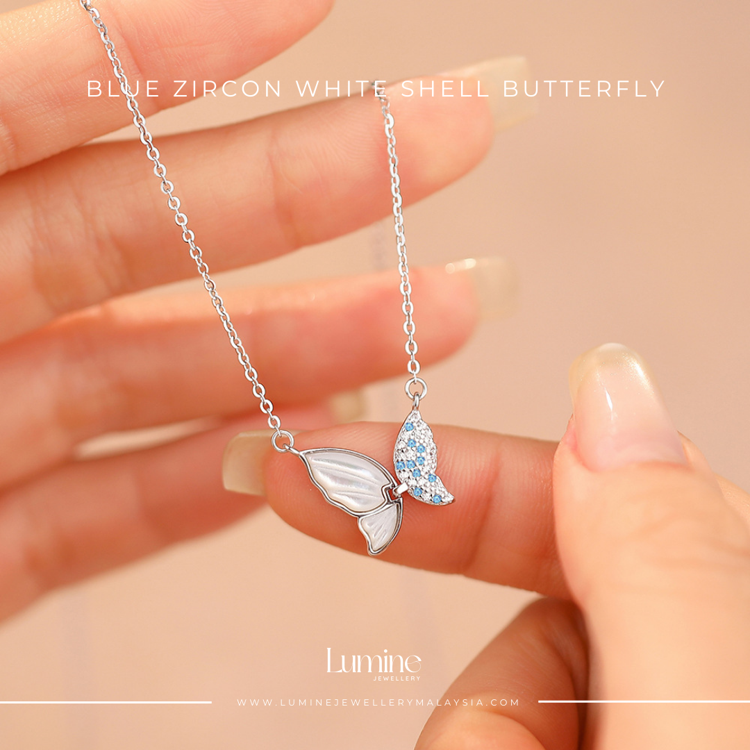 Blue Zircon White Shell Butterfly Necklace