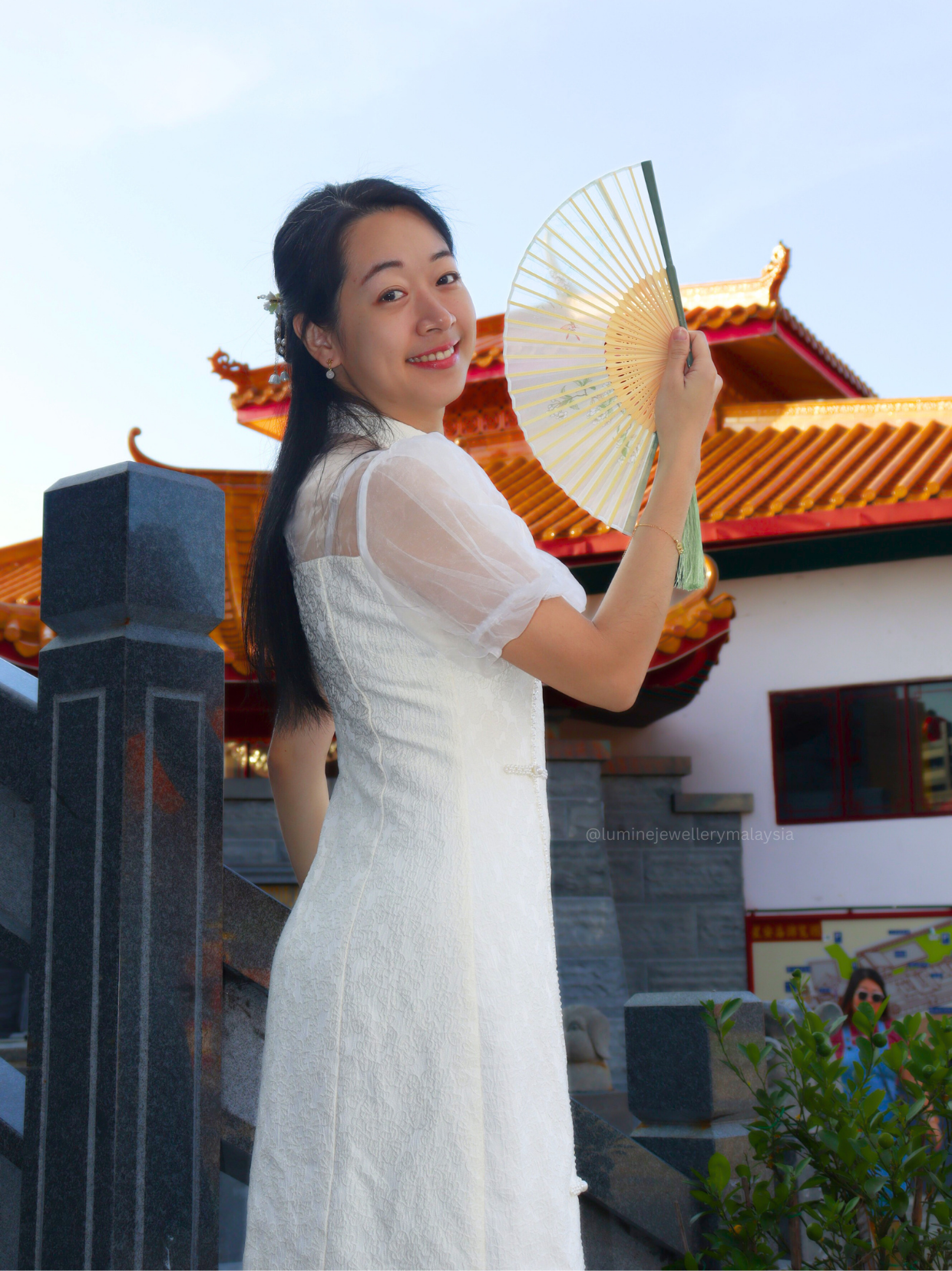 White Chalcedony Fortune Cloud Bead Earrings 白玉随珠祥云耳环