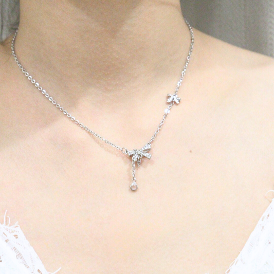 Silver Bowknot Teardrop Necklace