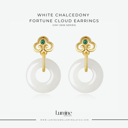 White Chalcedony Fortune Cloud Earrings 白玉随祥云耳环 (Slight Greenish White Chalcedony)