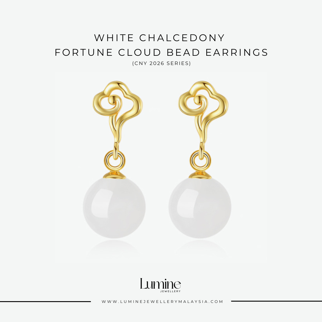 White Chalcedony Fortune Cloud Bead Earrings 白玉随珠祥云耳环