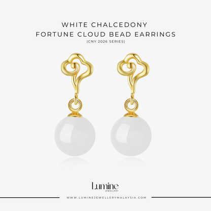 White Chalcedony Fortune Cloud Bead Earrings 白玉随珠祥云耳环