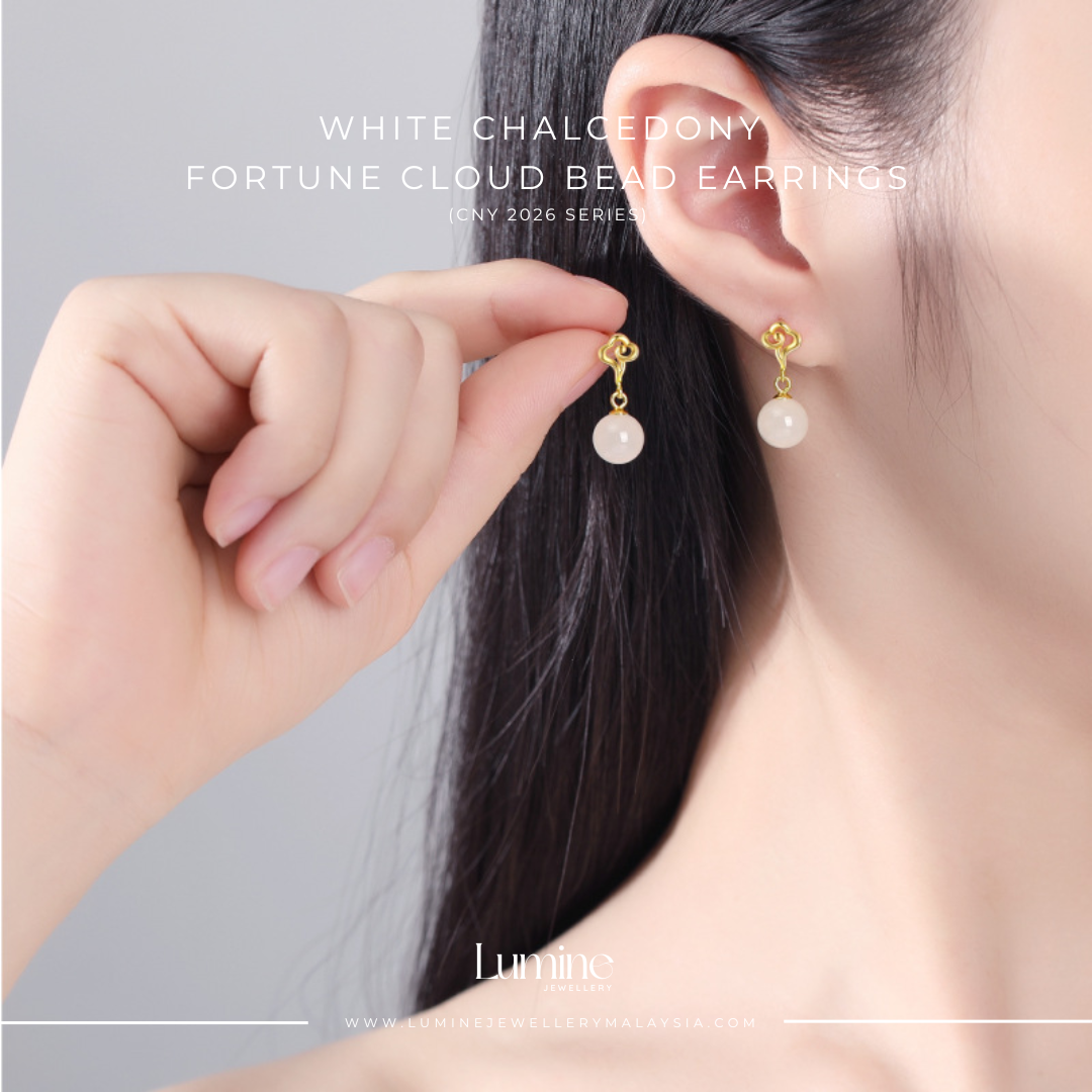 White Chalcedony Fortune Cloud Bead Earrings 白玉随珠祥云耳环