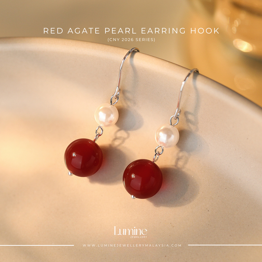 Red Agate Pearl Earring Hook 红玛瑙珍珠耳钩
