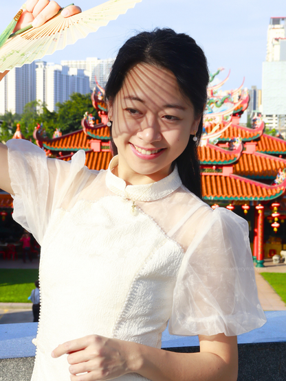 White Chalcedony Fortune Cloud Bead Earrings 白玉随珠祥云耳环