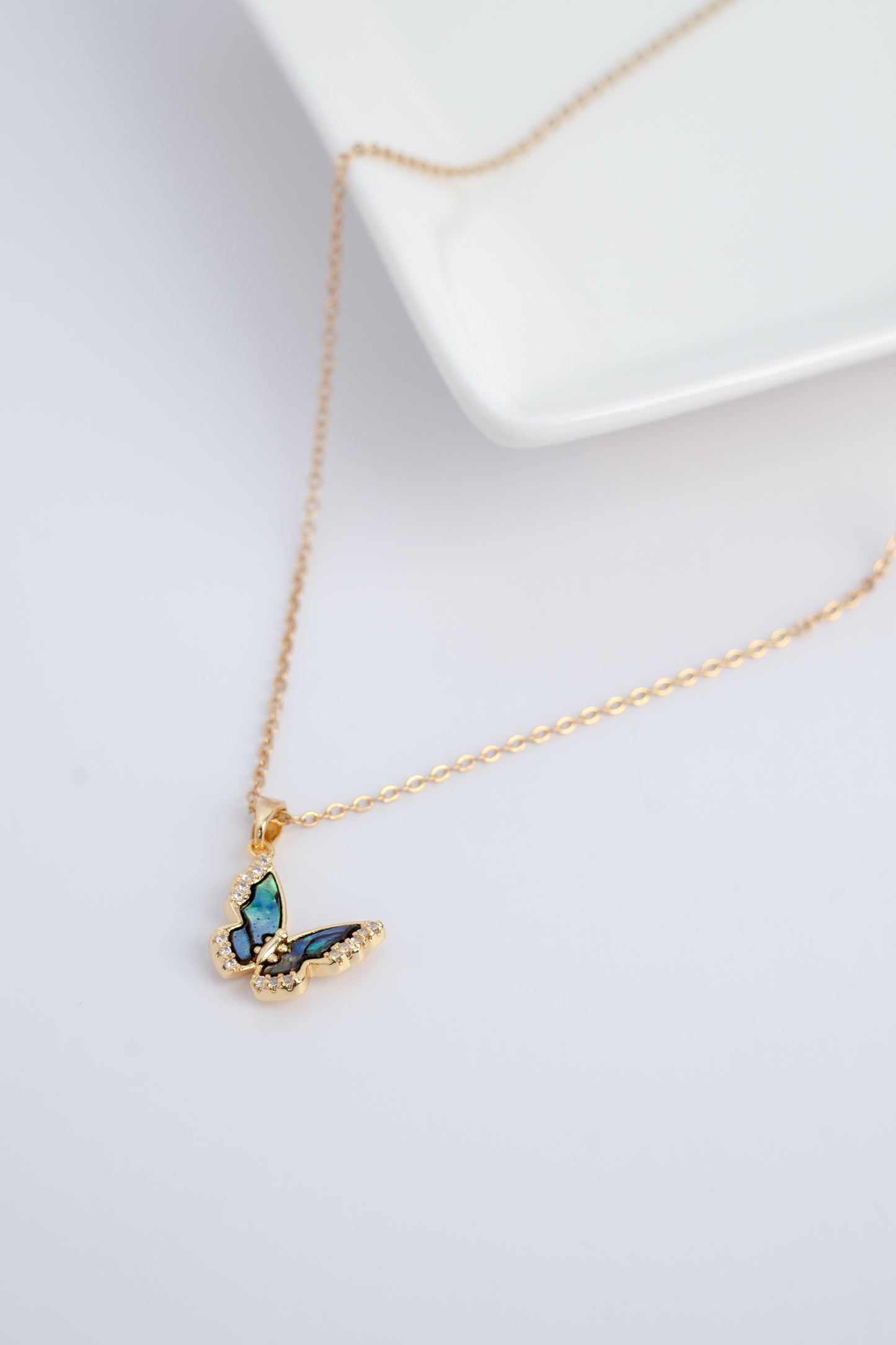 Gold Shell Tiny Diamond Butterfly Necklace