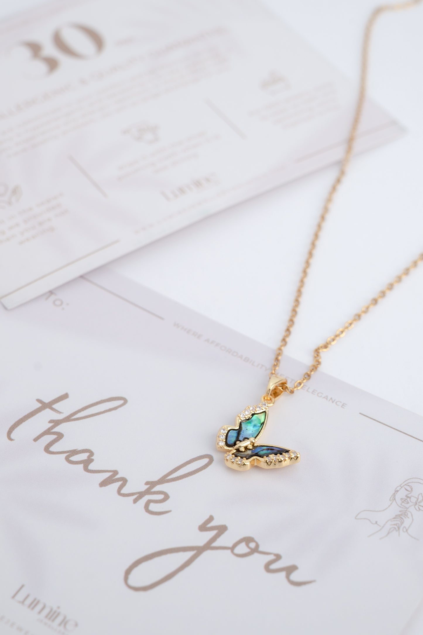 Gold Shell Tiny Diamond Butterfly Necklace