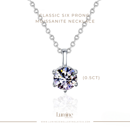 Classic Six Prong Moissanite Necklace with Cert (GRA Certified Moissanite | S925)