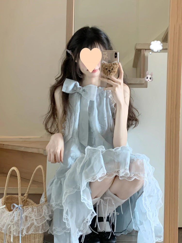 Sky Blue Bow Lace Puffy Dress