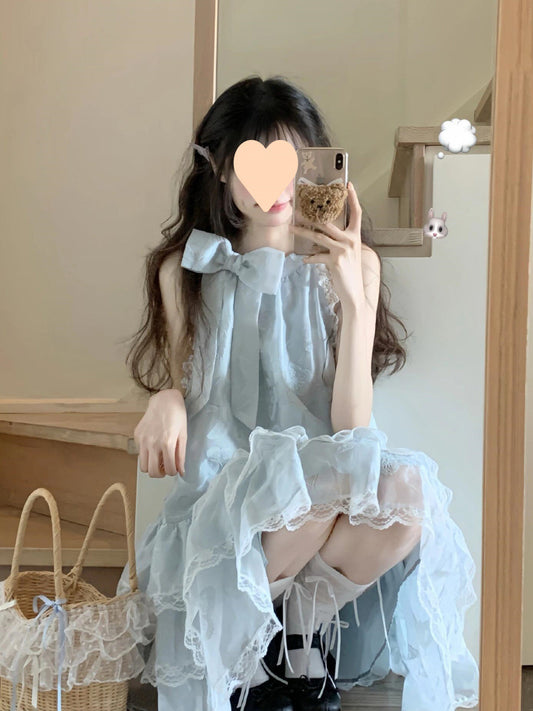 Sky Blue Bow Lace Puffy Dress