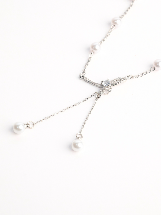 Diamond Bowknot Pearl Tassel Necklace