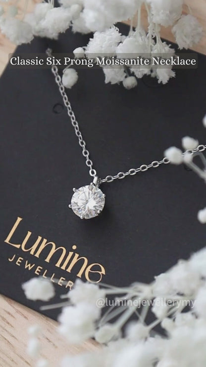 Classic Six Prong Moissanite Necklace with Cert (GRA Certified Moissanite | S925)
